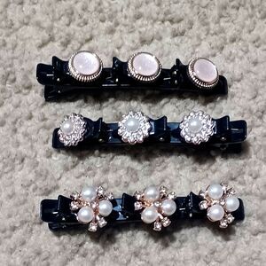Sparkling Faux Pearl, Rhinestone, Crystal Gold-Tone Black Hair Clip, Set of 3